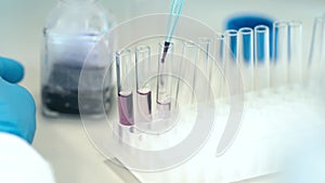 pipetting a sample into a glass beaker during research in a scientific laboratory