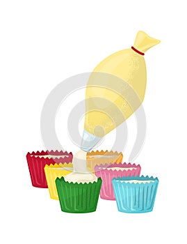 Piping bag squeezing cream into colorful cupcake liners. Baking and pastry making vector illustration