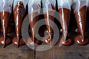 piping bags filled with chocolate ganache