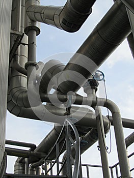Piping on a biogas plant. Raw gas and effluent pipes