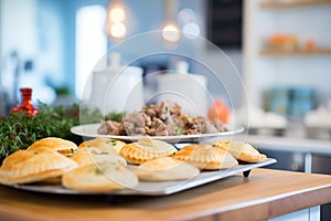 piping hot meat pies on a serving tray