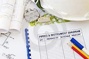 Piping and instrumentation diagram- with hard hat and plans