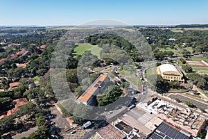 Piracicaba, Sao Paulo, Brazil. June18, 2023. Drone view of high education ESALQ USP campus of agronomy.