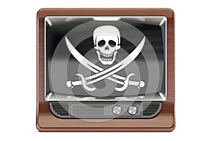 Piracy concept 3D rendering TV set with pirate flag