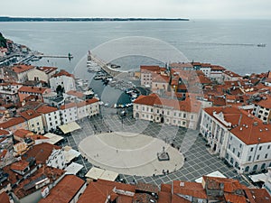 Piran Central Square and Pier with Boats Aerial View, Slovenia