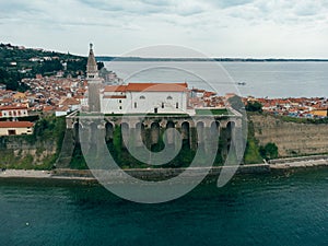 Piran Church with Clock Tower, Cerkev Svetega Jurija, Aerial View, Slovenia