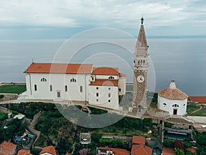 Piran Church with Clock Tower, Cerkev Svetega Jurija, Aerial View, Slovenia