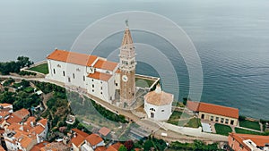 Piran Church with Clock Tower, Cerkev Svetega Jurija, Aerial View, Slovenia