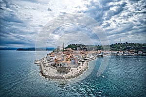 Piran city aerial view from the sea in Slovenia in Europe in HDR