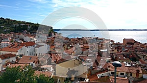 Piran city in Slovenia, view of the city and the Adriatic Sea. Beautiful cityscape of Slovenia, Europe. Magnificent Mediterranean