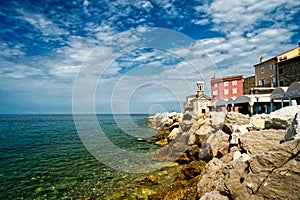 Piran city stony shore in Slovenia in Europe