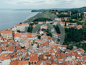 Piran Old Town Aerial View, Red Roofs Old Buildings, Slovenia