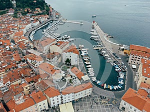 Piran Old Town City Center, Pier with Boats, Aerial View, Slovenia