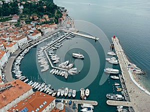 Piran Old Town City Center, Pier with Boats, Aerial View, Slovenia