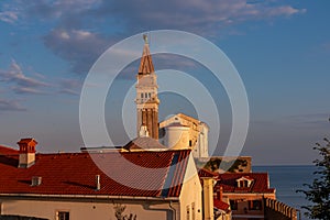 Piran - Panoramic aerial view at sunrise of coastal town Piran, Primorska, Slovenia, Europe