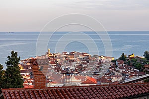 Piran - Panoramic aerial view at sunrise of coastal town Piran, Primorska, Slovenia, Europe