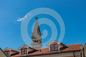 Piran - Panoramic view of church Duomo di San Giorgio in coastal town Piran