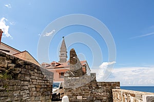 Piran - Panoramic view of church Duomo di San Giorgio in coastal town Piran, Slovenian Istria, Slovenia