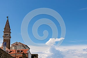 Piran - Panoramic view of church Duomo di San Giorgio in coastal town Piran, Slovenian Istria, Slovenia