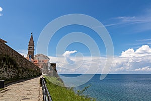 Piran - Panoramic view of church Duomo di San Giorgio in coastal town Piran, Slovenian Istria, Slovenia