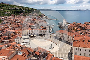 Piran - Scenic aerial view of Tartini Square in coastal town Piran, Primorska, Slovenia, Europe