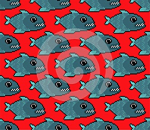 Piranha pixel art pattern seamless. freshwater fish pixelated background. 8 bit texture