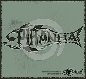 Piranha vector lettering with the shape of a fish, hardcore style grunge emblem