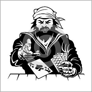 Pirat with playing cards. Vintage stylized drawing.