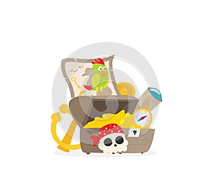 Pirate accessories symbols flat icons collection with wooden treasure chest and jolly roger abstract vector illustration