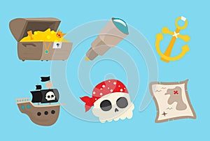 Pirate accessories symbols flat icons collection with wooden treasure chest and jolly roger abstract vector illustration