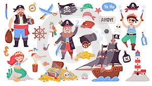 Pirate adventure collection. Doodle pirates cute sticker, marine set kid piracy ship decor child piratin theme, sea