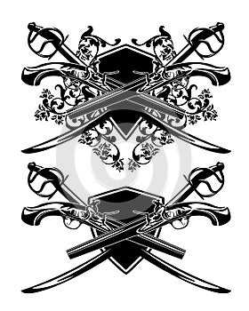 Pirate adventure vector emblem with crossed pistols and sabre swords against heraldic shield