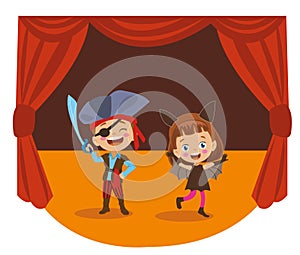 Pirate and bat girl cute kids staging theater