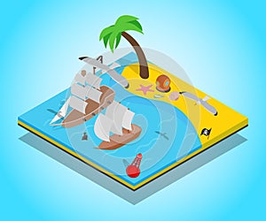 Pirate beach concept banner, isometric style