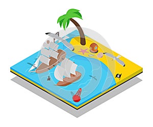 Pirate beach concept banner, isometric style
