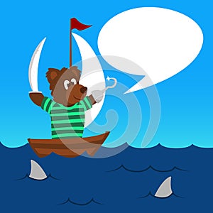 Pirate bear say in spech bubble stranded in the middle of sea with some sharks illustration for kids