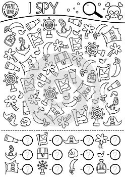 Pirate black and white I spy game for kids. Searching and counting activity with pirate accessories and symbols. Treasure island