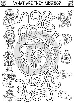 Pirate black and white maze for kids. Treasure hunt preschool printable activity with cute pirates, animals and their things. Sea