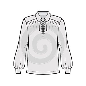 Pirate blouse technical fashion illustration with bouffant long sleeves, poet lacing collar, oversized, tunic length.