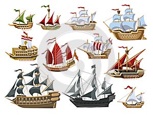 Pirate boats and Old different Wooden Ships with Fluttering Flags Vector Set Old shipping sails traditional vessel