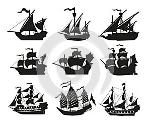 Pirate boats and Old different Wooden Ships with Fluttering Flags. Vector Set Old shipping sails traditional vessel
