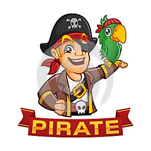Pirate boy character or mascot cartoon with a parrot at his arm, fun vector illustration