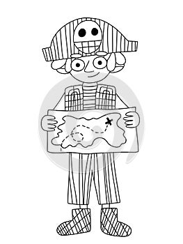 Pirate boy holding a treasure map vector coloring page