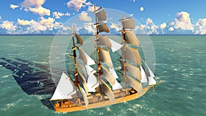 Pirate brigantine at sea photo
