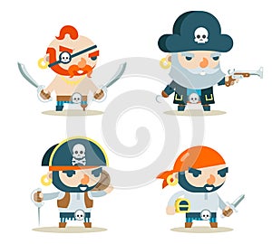 Pirate Buccaneer Filibuster Corsair Sea Dog Fantasy RPG Treasure Game Character Icons Set Flat Design Vector