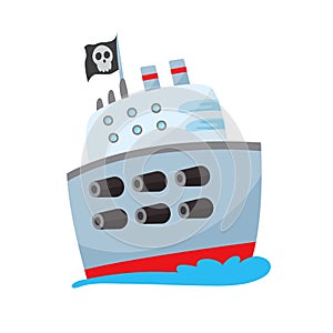 Pirate buccaneer filibuster corsair sea dog ship icon game, isolated flat design. Color cartoon frigate. Vector