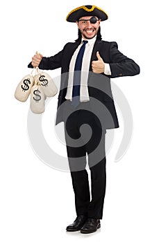 The pirate businessman holding money bags isolated on white