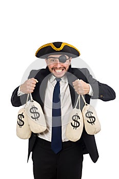 The pirate businessman holding money bags isolated on white