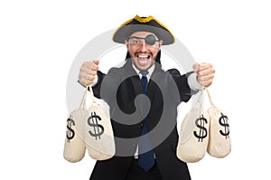 The pirate businessman holding money bags isolated on white