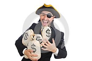 Pirate businessman holding money bags isolated on white